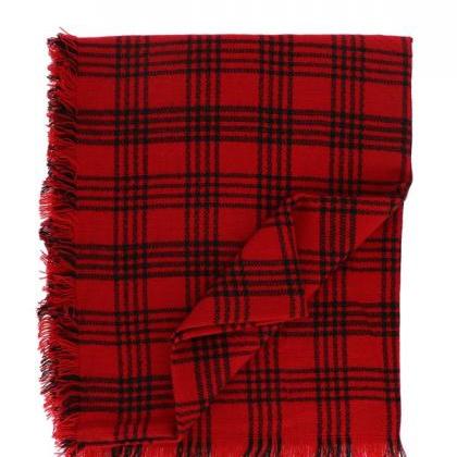 Women's Frayed Plaid Scarf -red /..